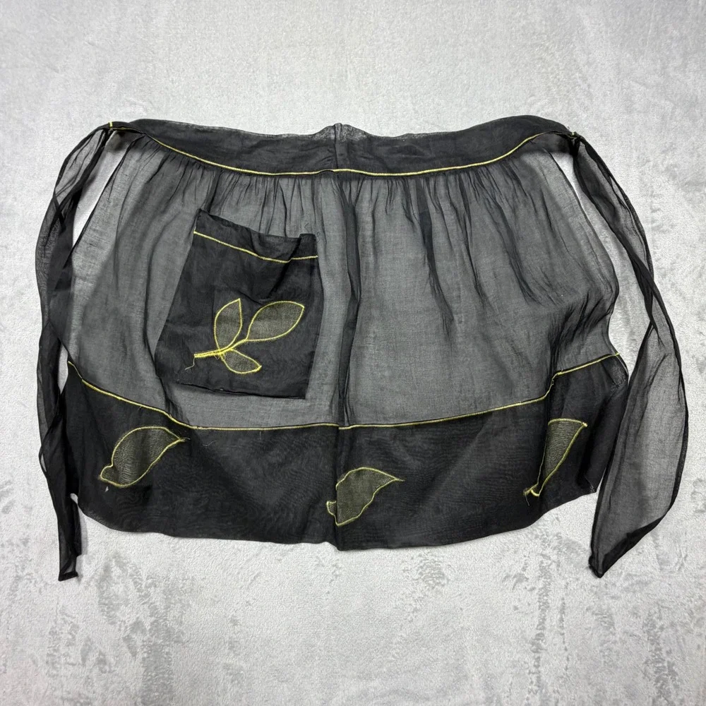 Vintage 1950s Sheer Black Organza Hostess Apron Yellow Embroidered Leaf One Size